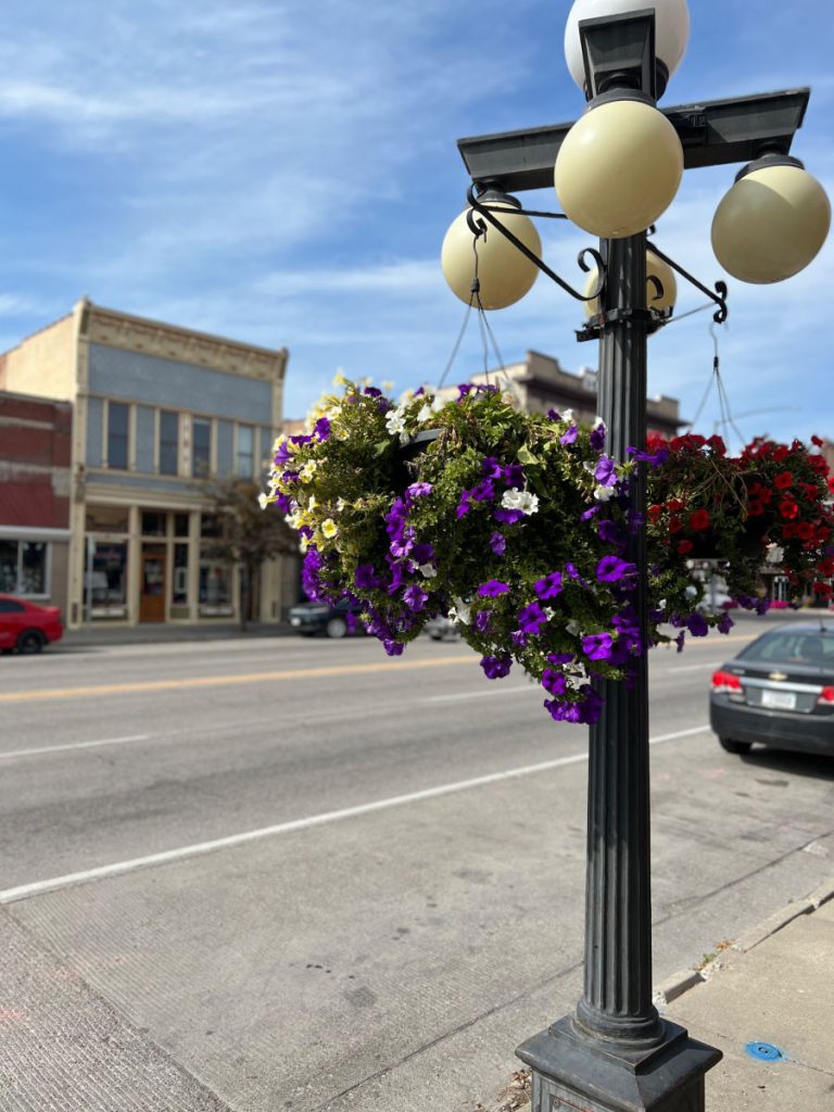 Flowers hanging from lightest in downtown Kalispell