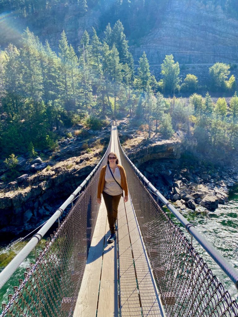 Tamara walking on the Kootenai suspension bridge