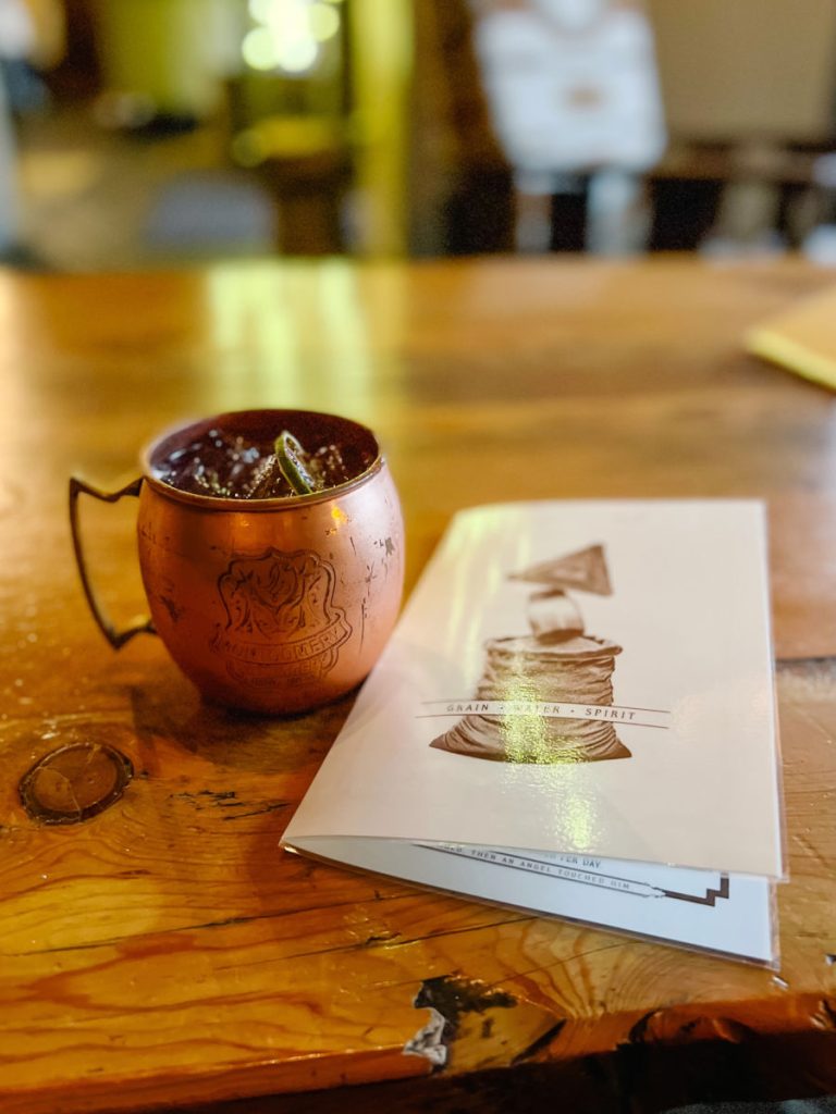 Moscow mule and drink menu at Montgomery Distillery