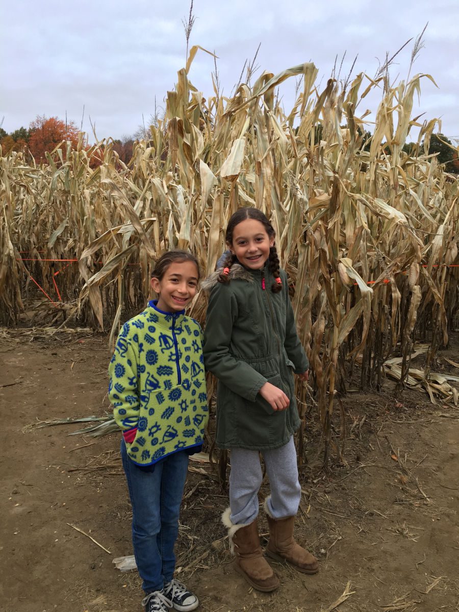 Two girls in front of dried corn maze