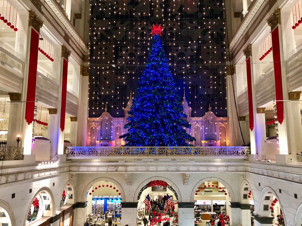 Blue christmas tree and lights in Macy's in Philadelphia