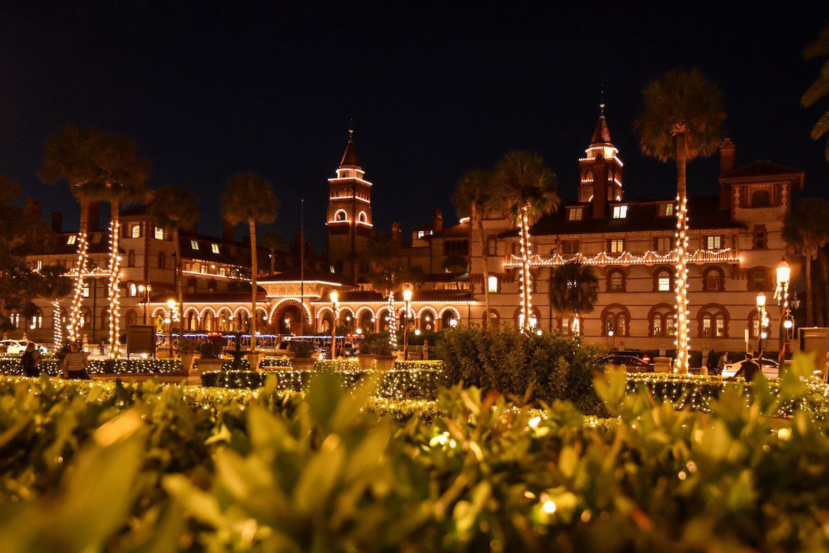 Flagler College lit up at night for Nights of Lights