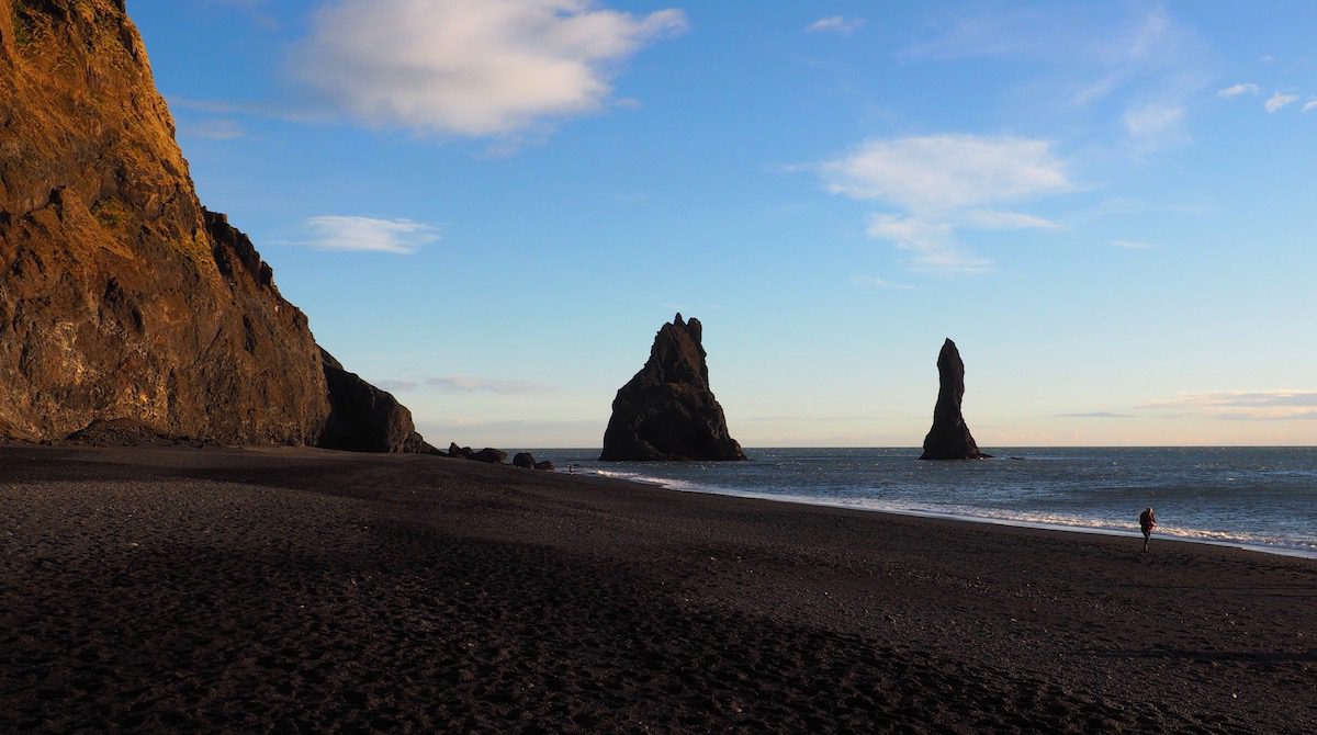 Reynisfjara black sand beach with sea stacks
