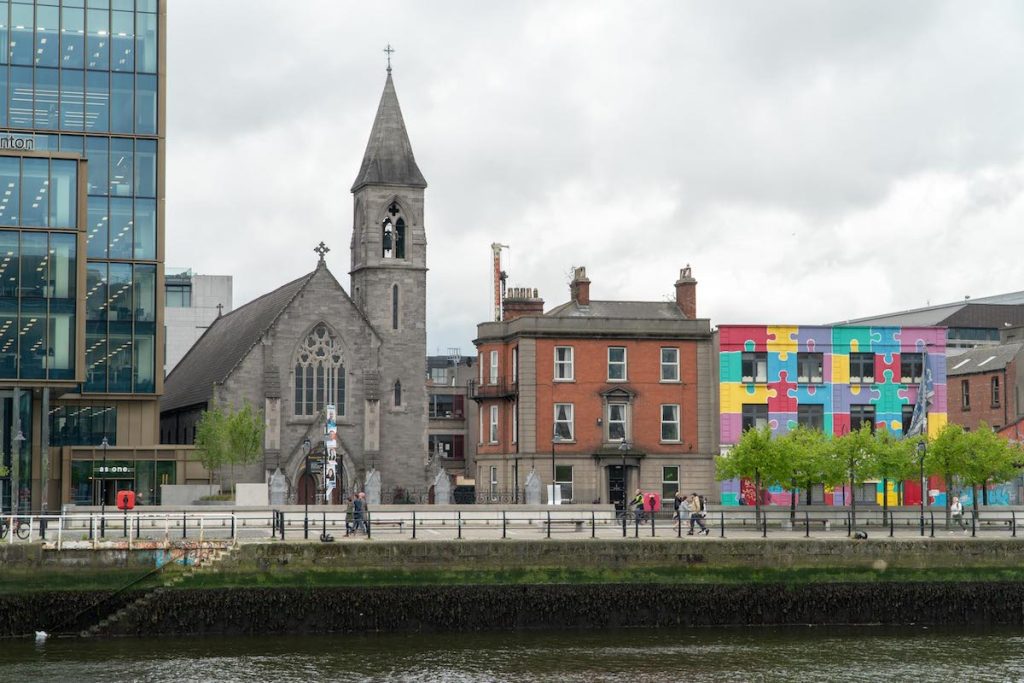 Colorful buildings along the river in Dublin
