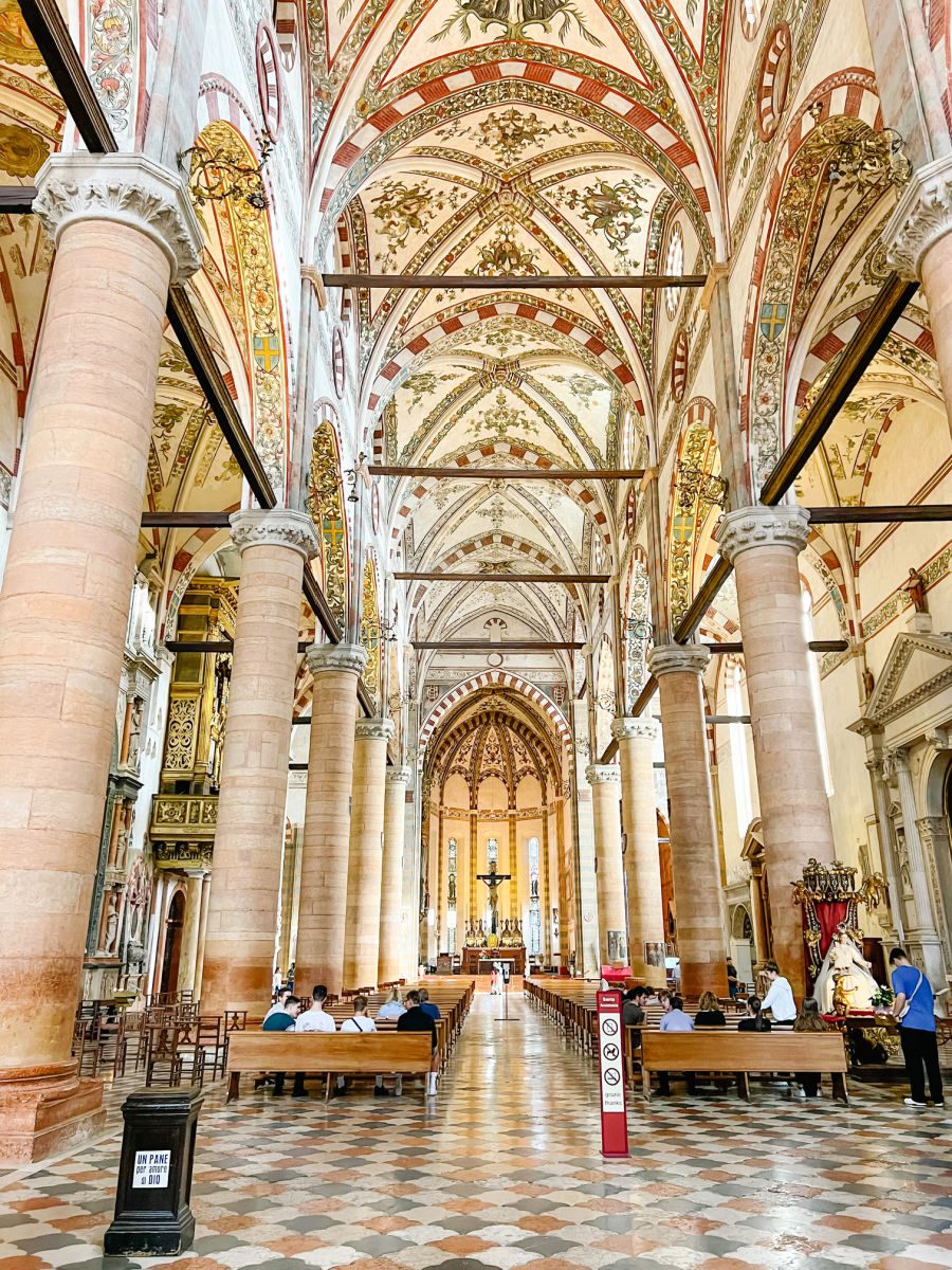 interior columns and ceiling of Anastasia church in Verona