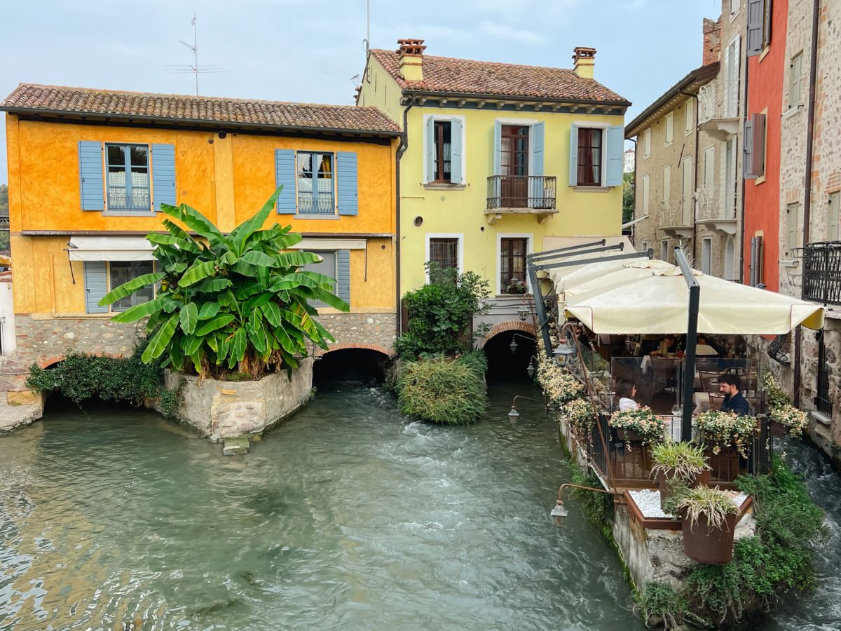 restaurants on river in Borghetto sun Mincio
