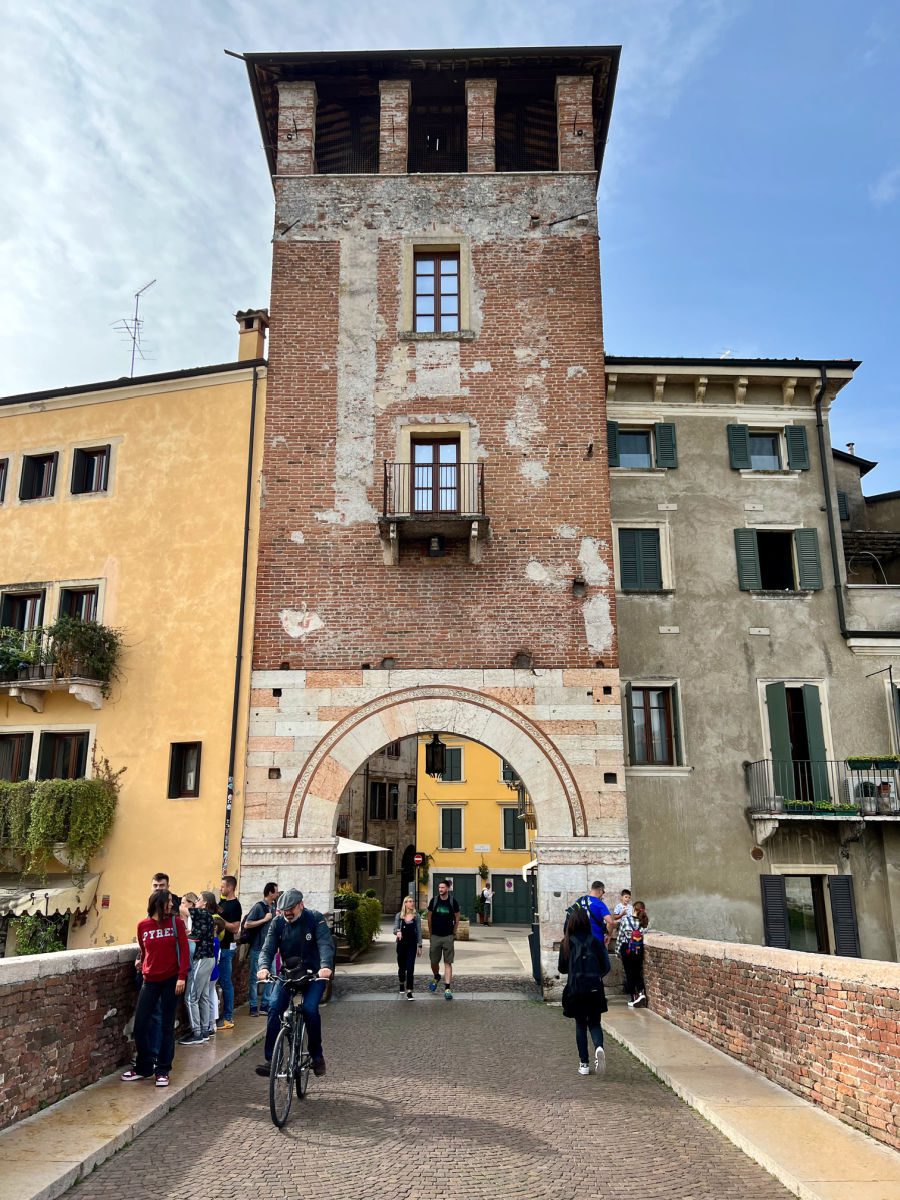 Tower and entrance to Ponte Piedra bridge in Verona