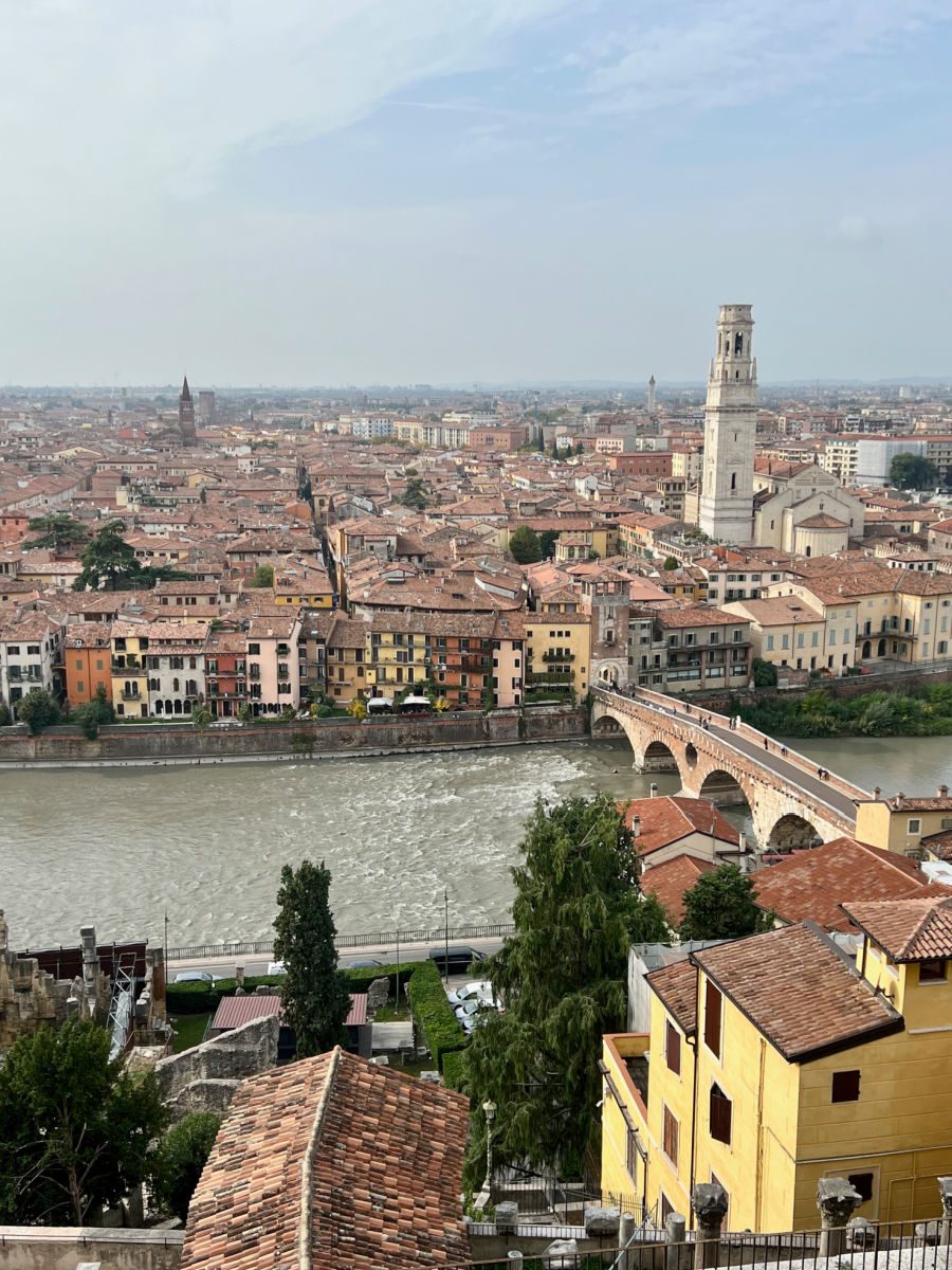 View of river Adige and Ponte Piedra bridge in Verona from above