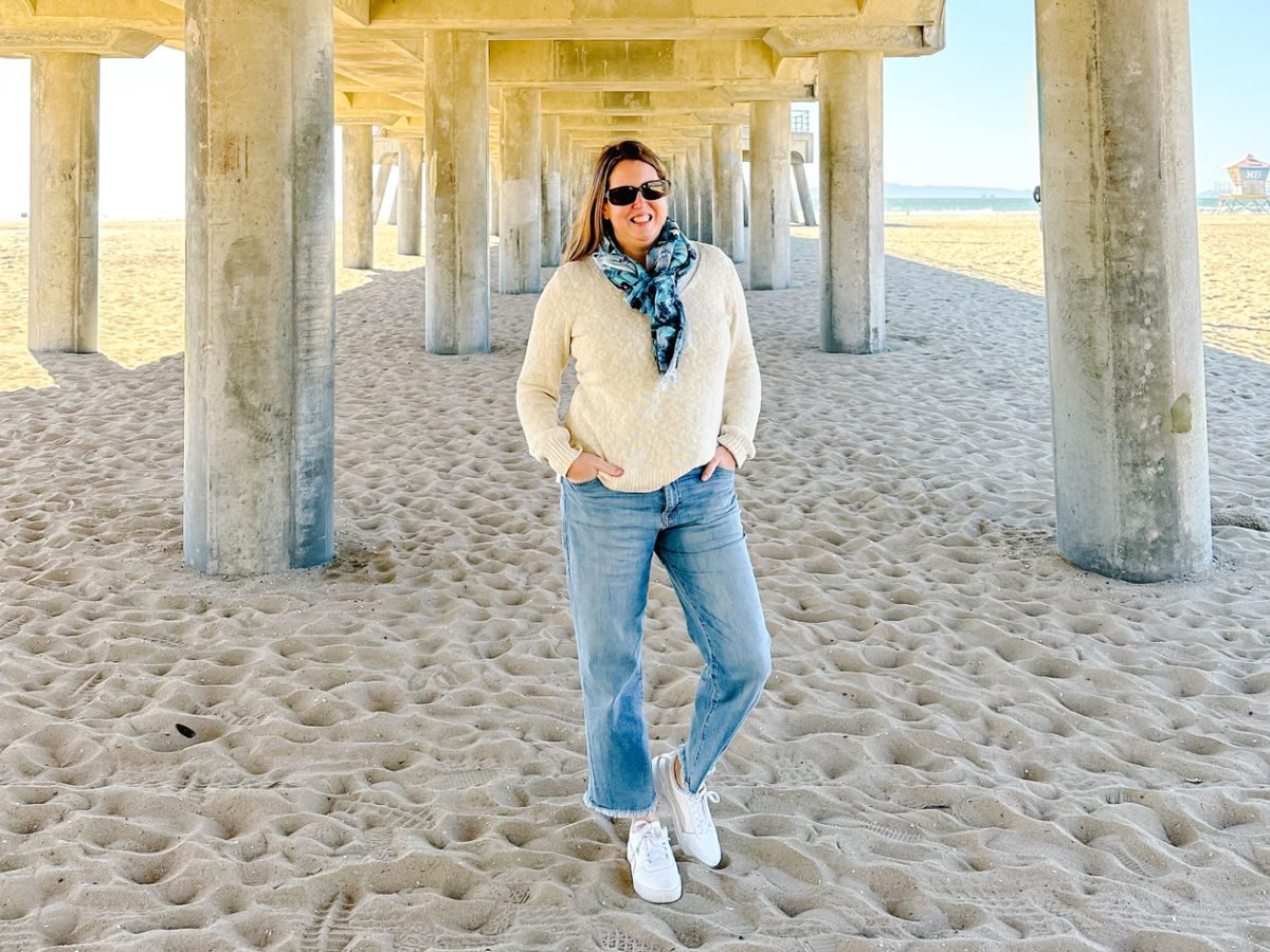 Tamara Gruber under pier at Huntington Beach