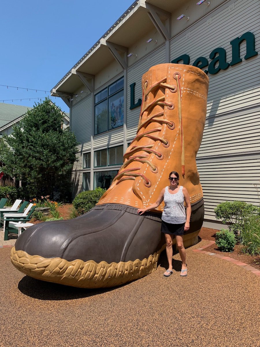 Tamara in front of L.L. Bean boot