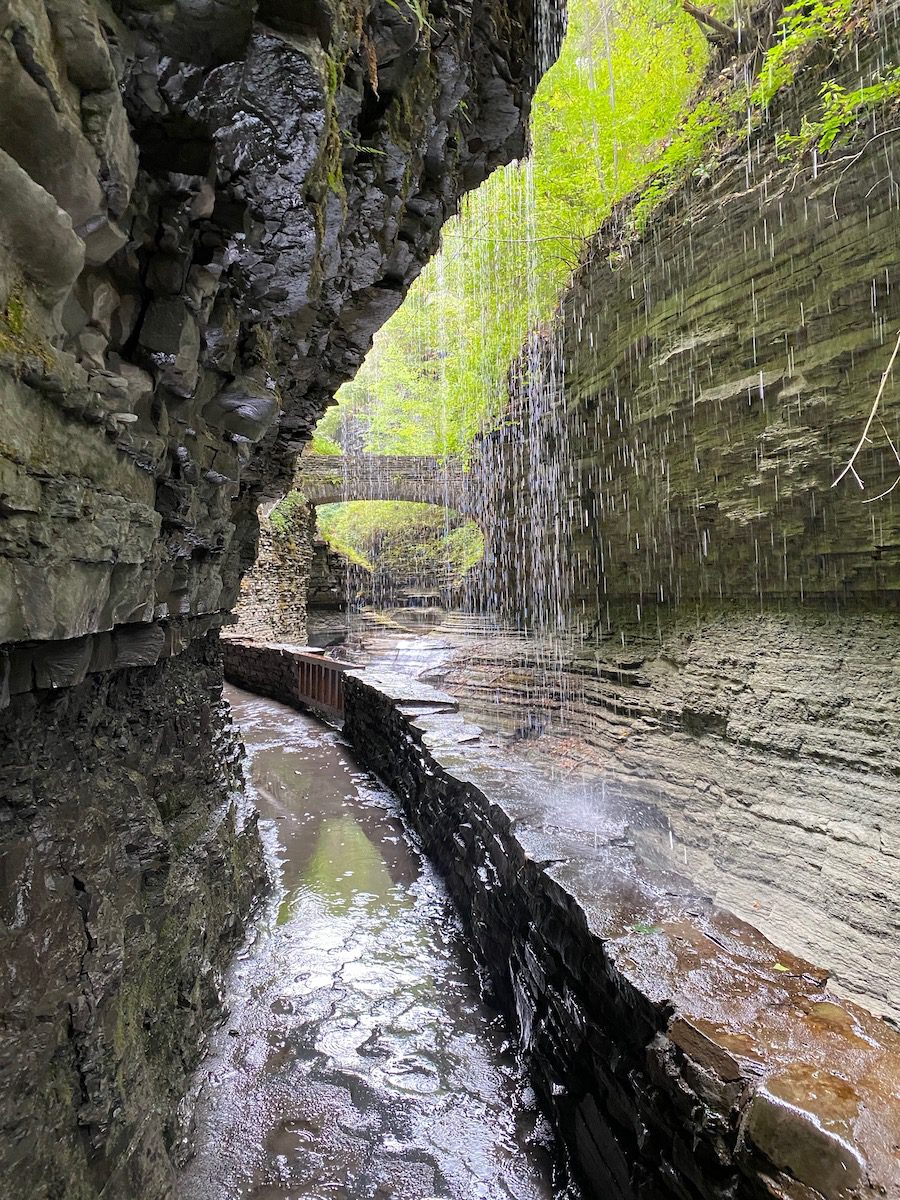 Watkins Glen state park waterfall and stone bridge