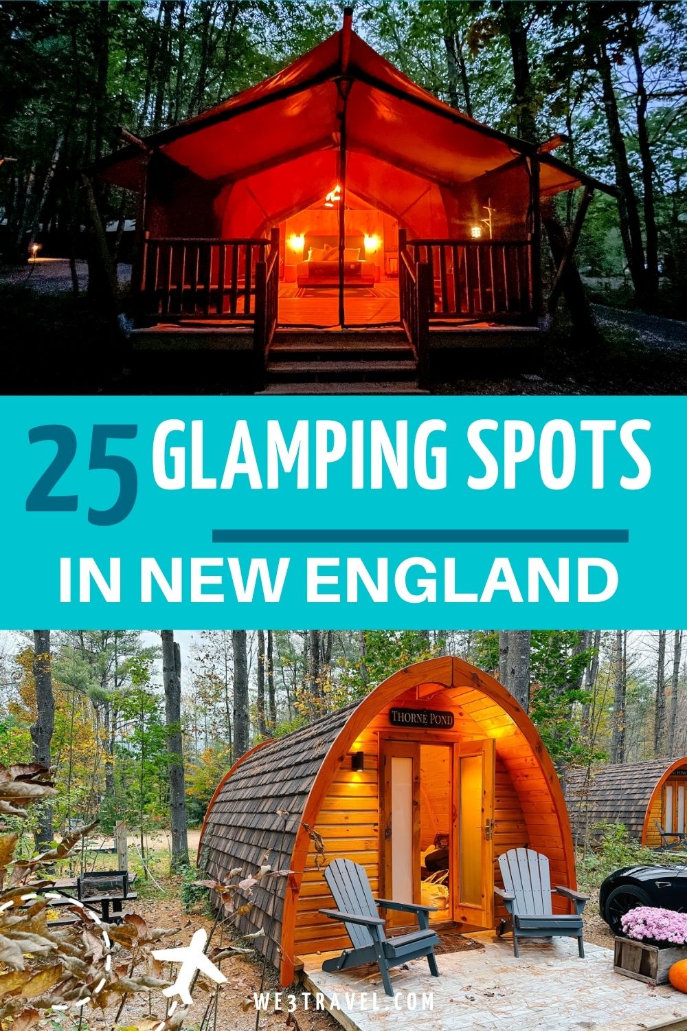 25 Places to go Glamping in New England from luxury glamping safari tents to cozy cabins, treehouses, tiny homes, and even retro Airstream trailers, you will find your next weekend getaway spot in this list.