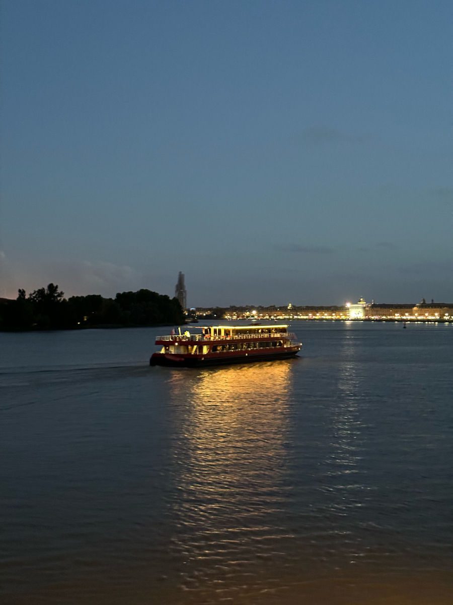 Boat on Garonne river in Bordeaux at night