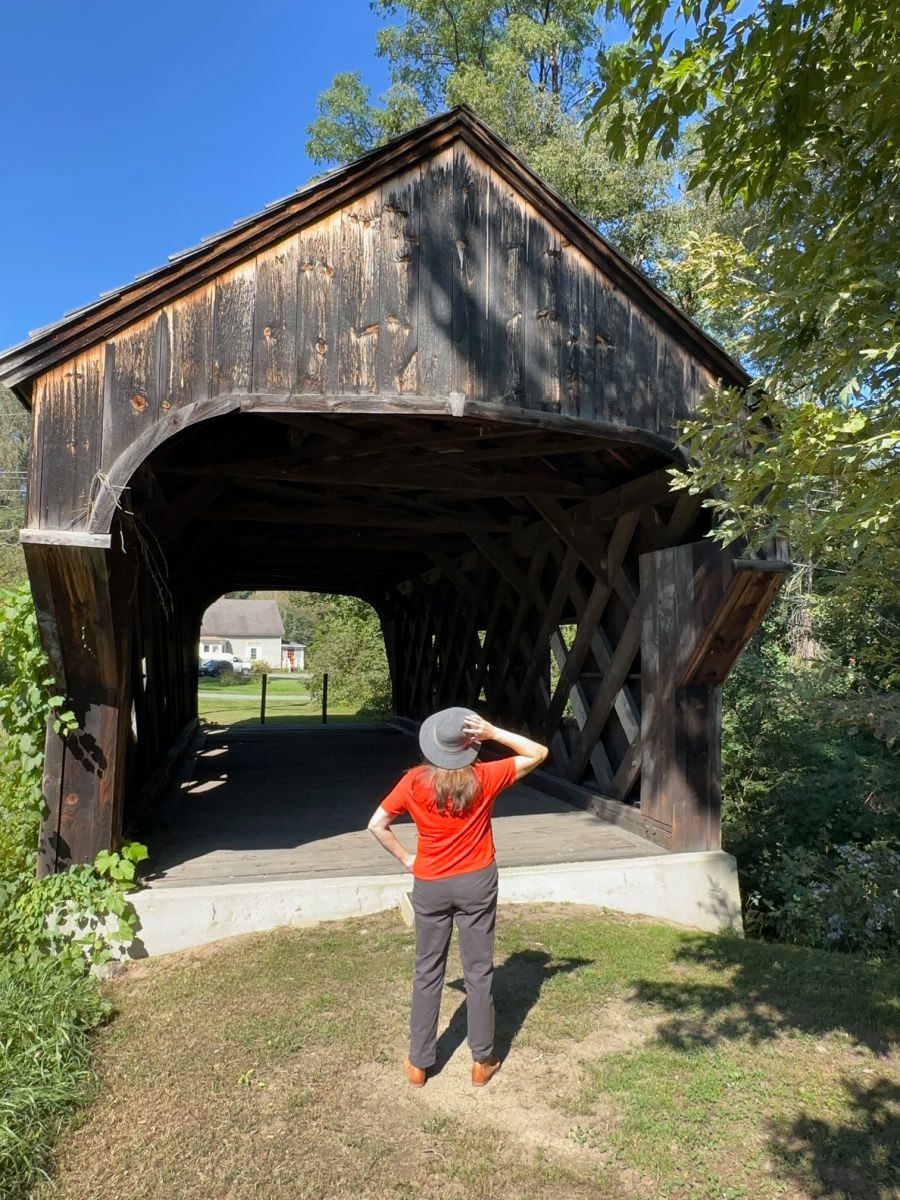 Tamara in front of Baltimore covered bridge