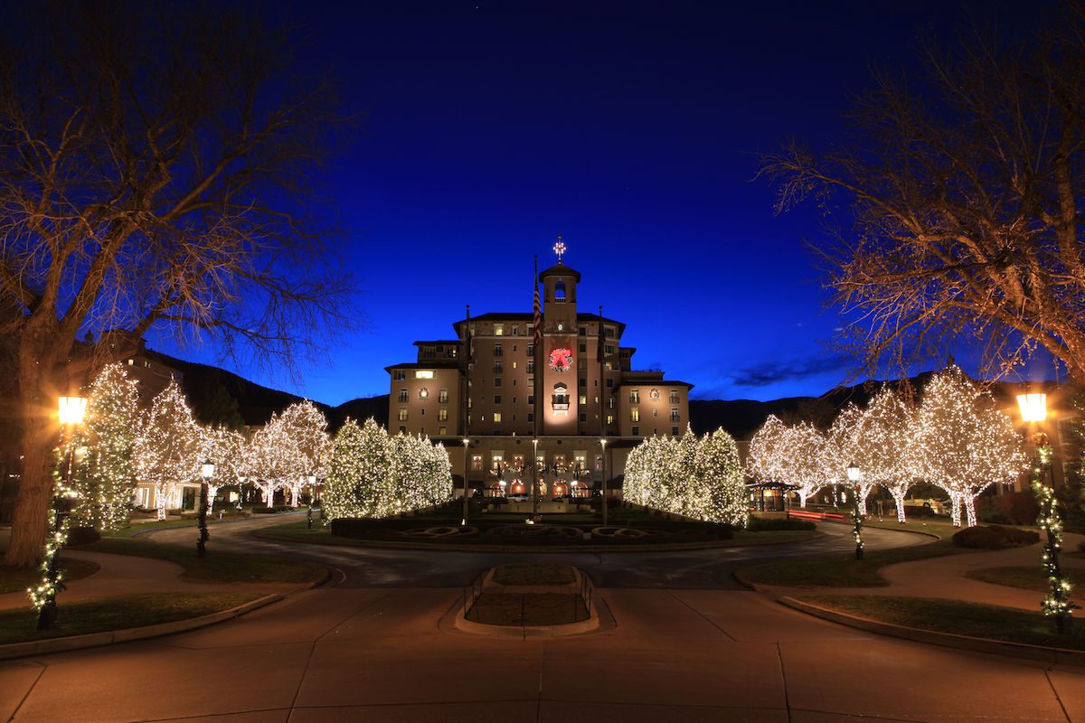 Broadmoor at Christmas time with lights on trees