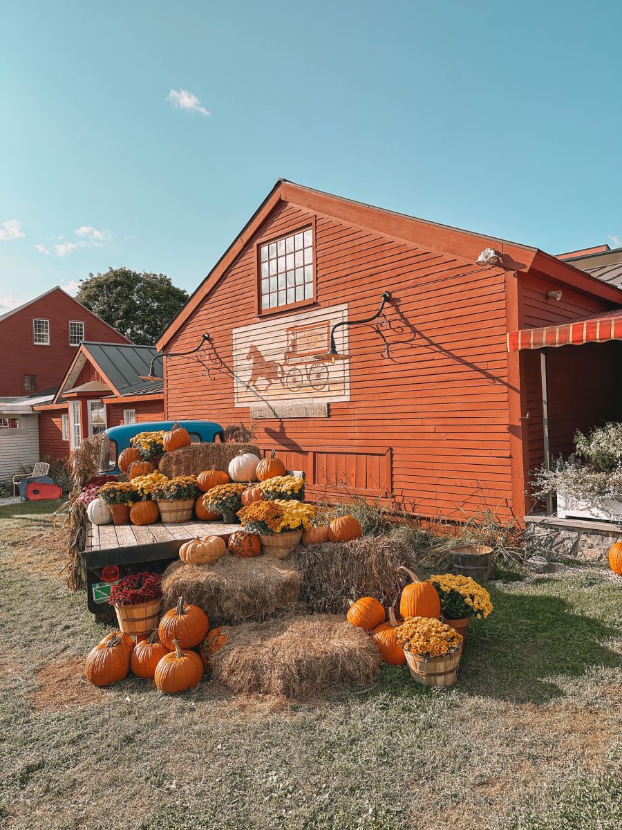 Vermont Country Store with old truck and flowers and pumpkins