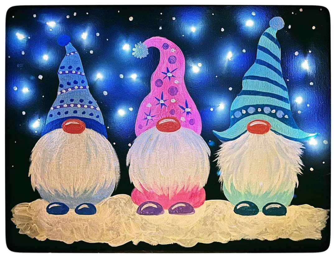 Holiday painting of gnomes with LED Lights