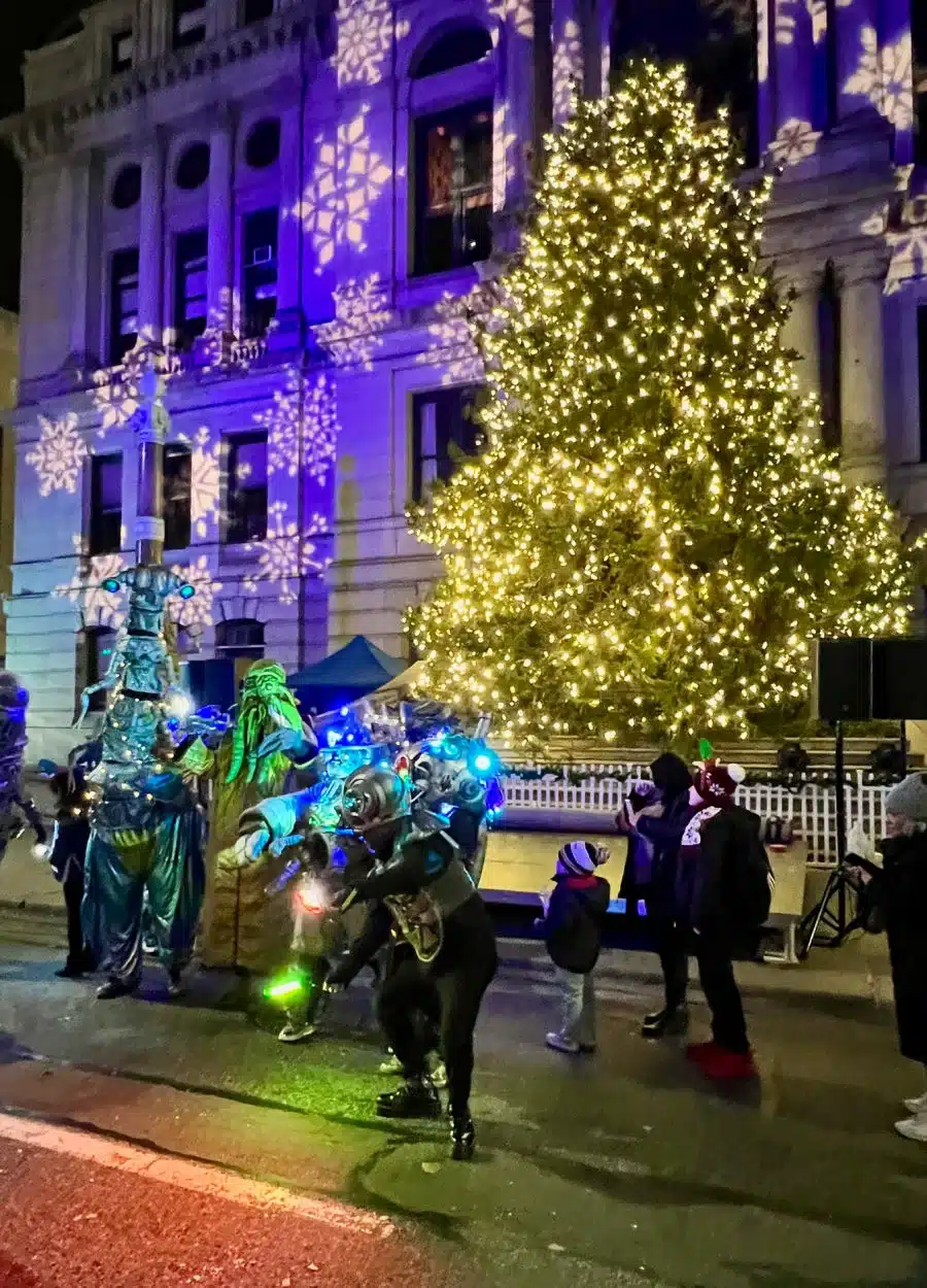 Big Nazo puppets outside of Providence city hall at Christmas in Rhode Island