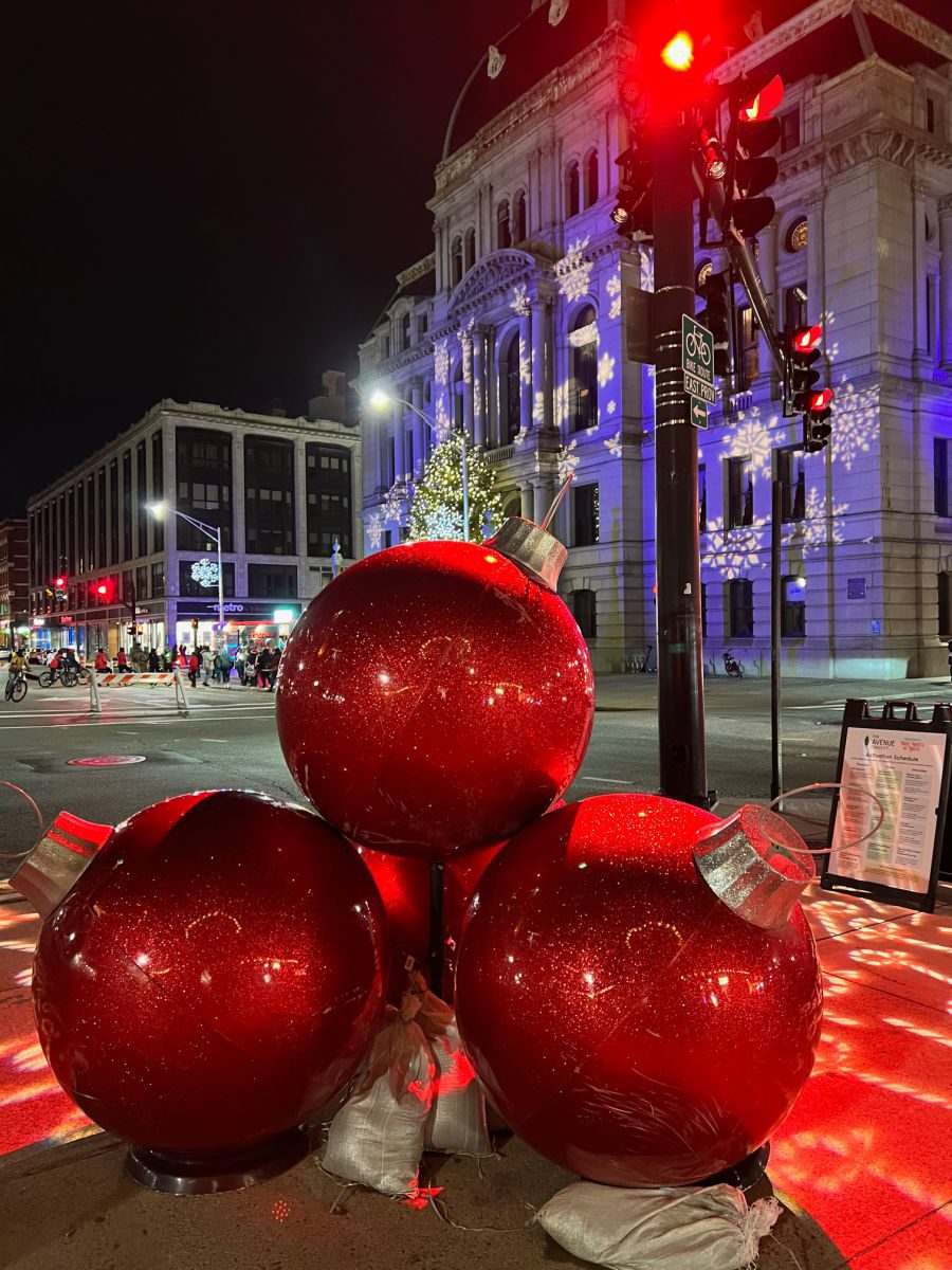 Giant Christmas ornaments in front of Providence city hall