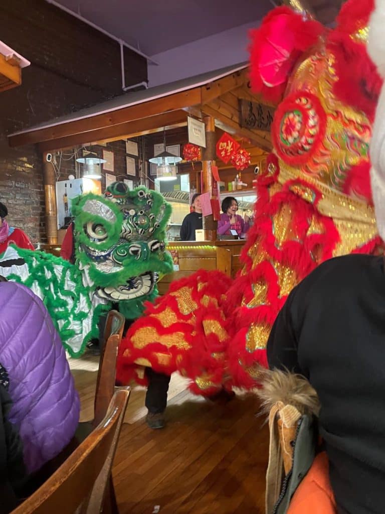 Decorate Chinese lions enter China Town restaurant. 