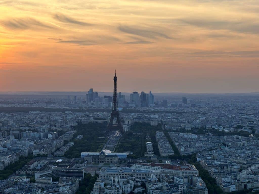 Eiffel tower at sunset from Montparnasse tower