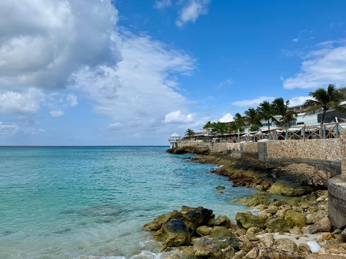 Gazebo and rocks in front of the Sonesta Maho Beach Resort in St Maarten