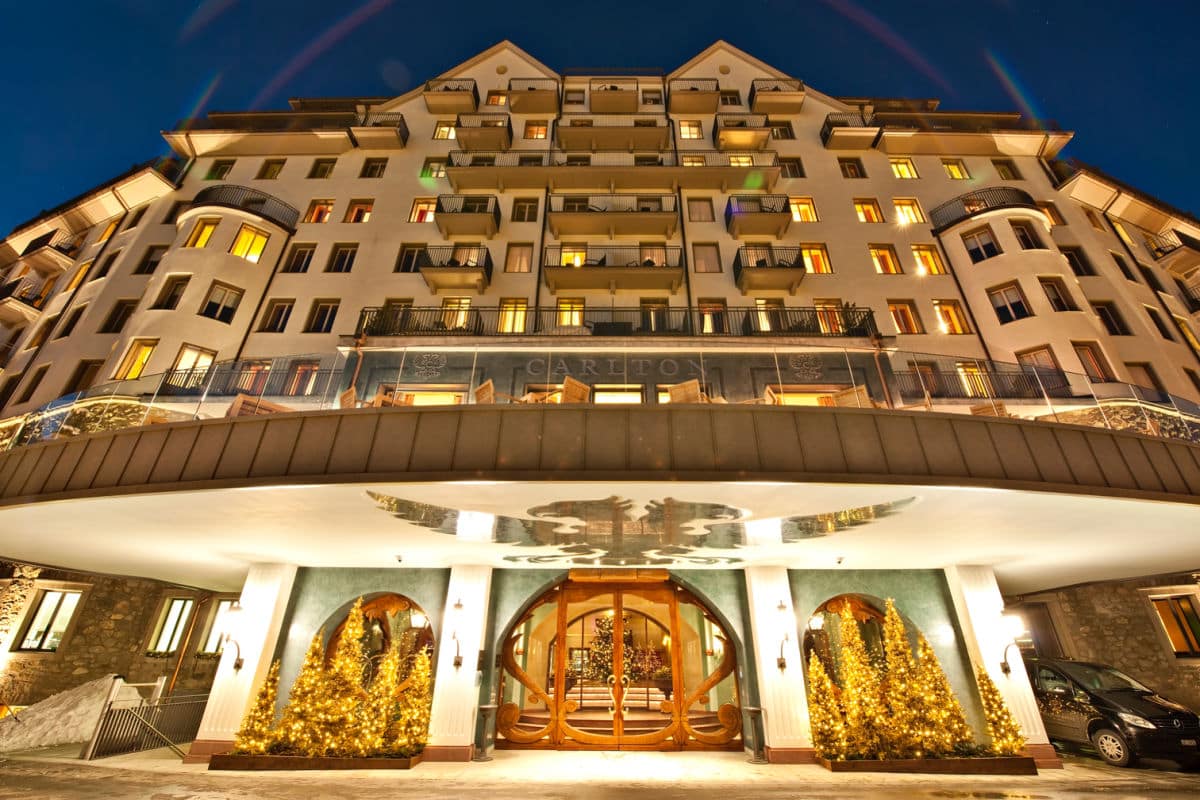 The Carlton Hotel St Moritz entrance at Christmas