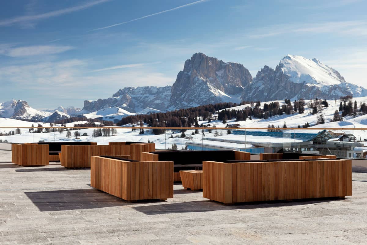 Outdoor terrace at the COMO Alpina Dolomites