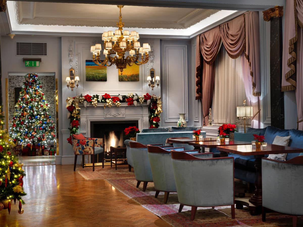 The Stafford London lounge decorated for Christmas