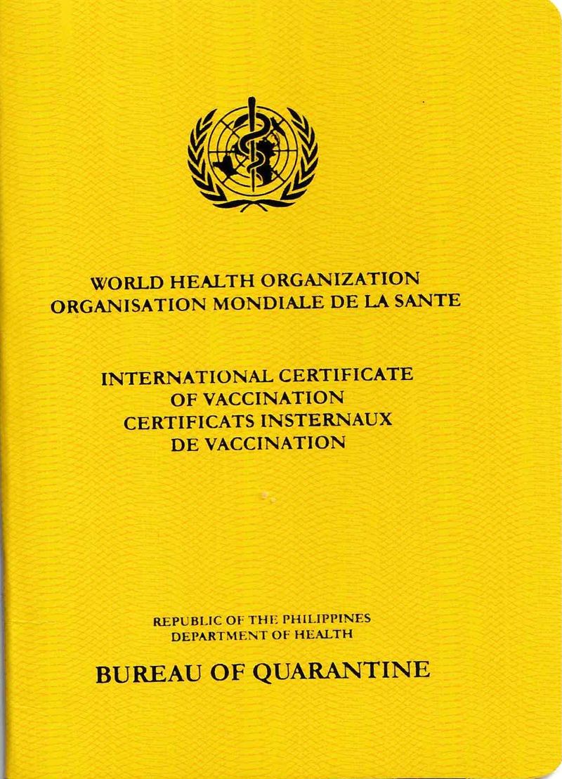 International Certificate of Vaccination (“Yellow Card”) + insurance info