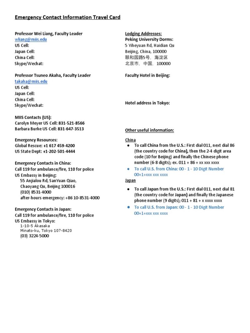 Emergency Contact Information List