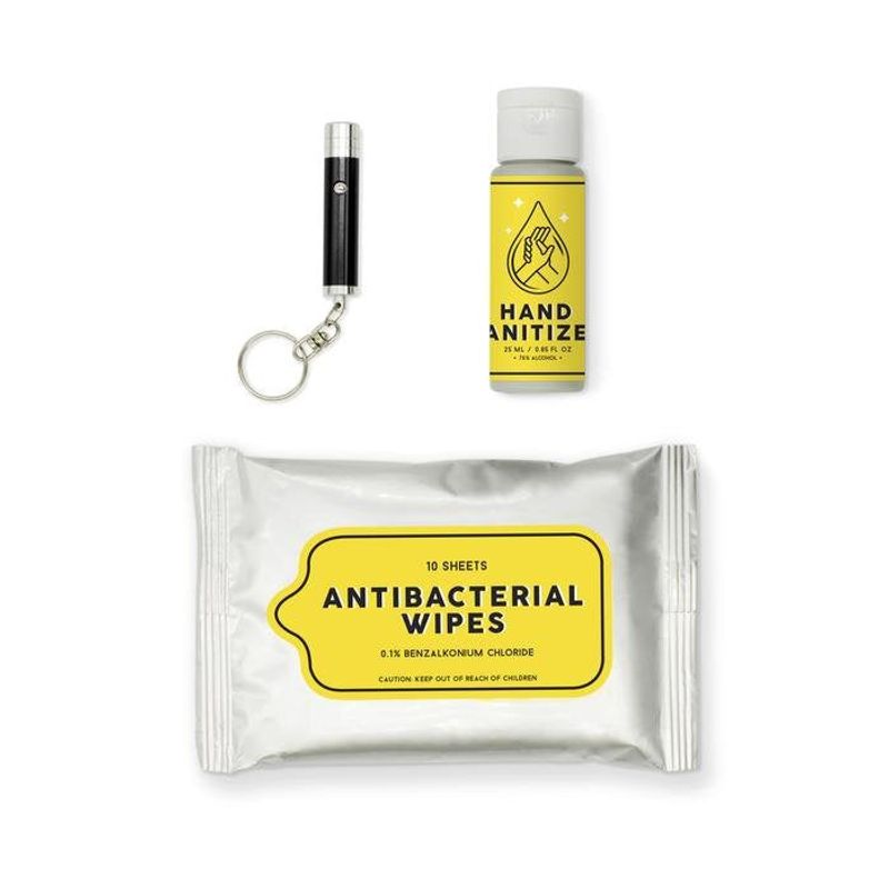 Hand sanitizer (≥60% alcohol) and wipes