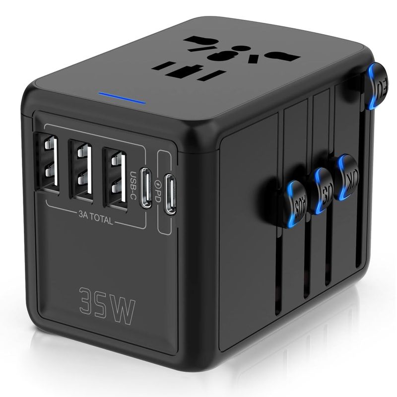 Universal travel adapter + fast USB-C charger