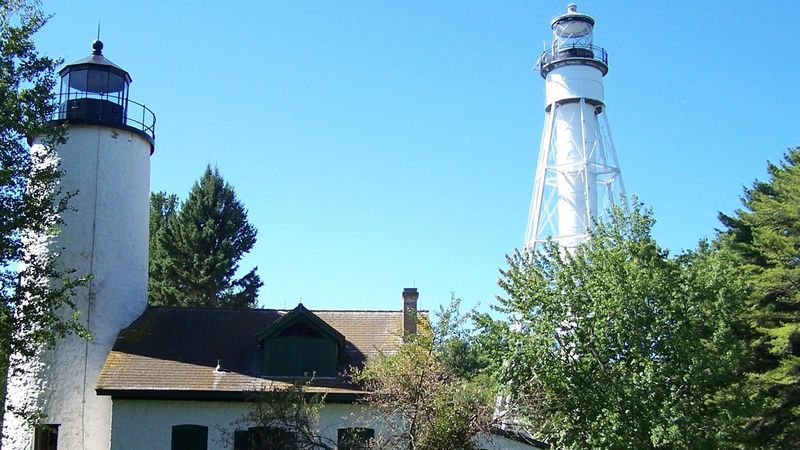 Michigan Island — twin beacons and quiet shoreline (Apostle Islands)