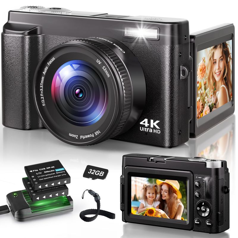 4K Digital Camera with 3-inch 180° Flip Screen