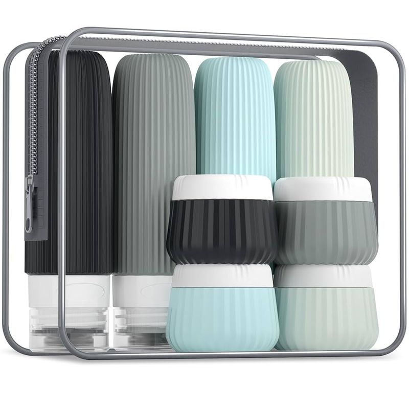 Leak-proof, refillable 3.4-oz (100 mL) toiletry bottles + a quart-size bag