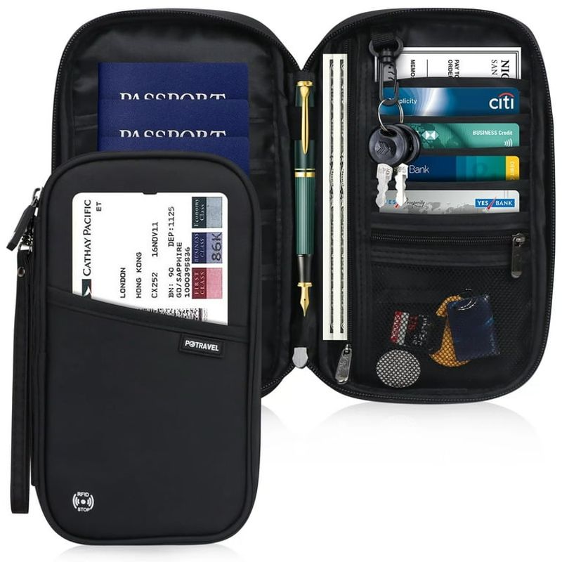 Travel document organizer (passport, boarding pass, meds list, emergency contacts)