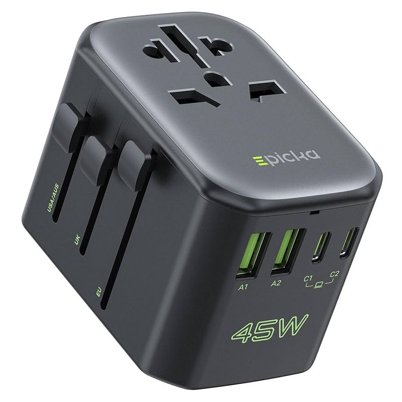 Universal travel adapter with built-in USB: Epicka Pulse 45W (or similar)