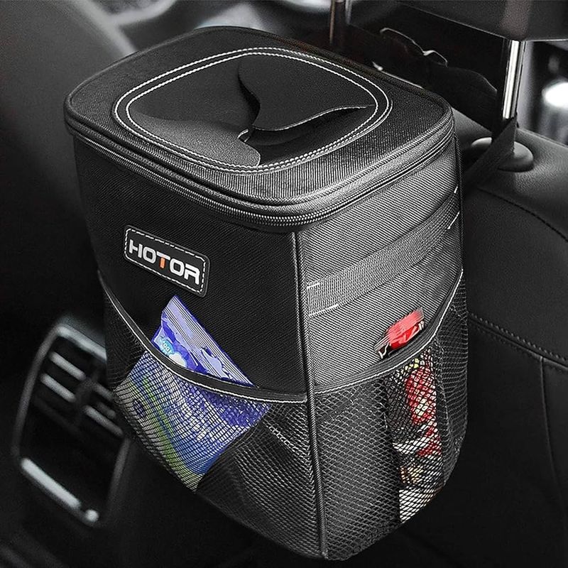 Hotor Car Trash Can with Lid & Storage Pockets