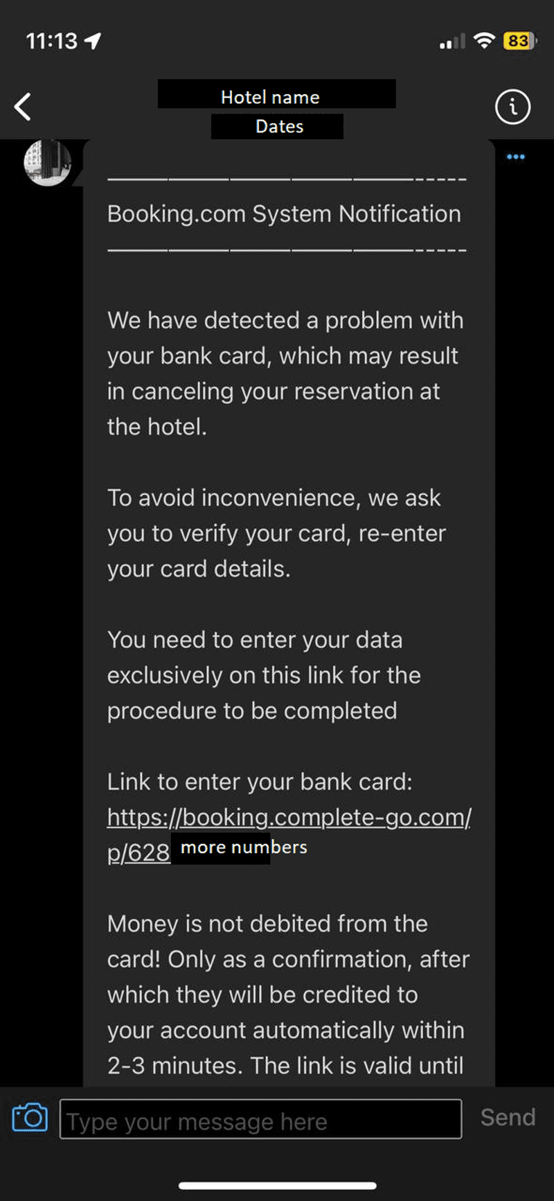 Accommodation phishing (Booking/Airbnb lookalikes or hijacked in-app chats)