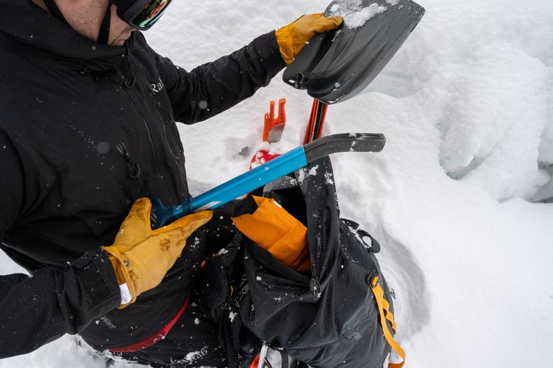 Avalanche rescue gear (transceiver + probe + shovel) when traveling in avalanche terrain