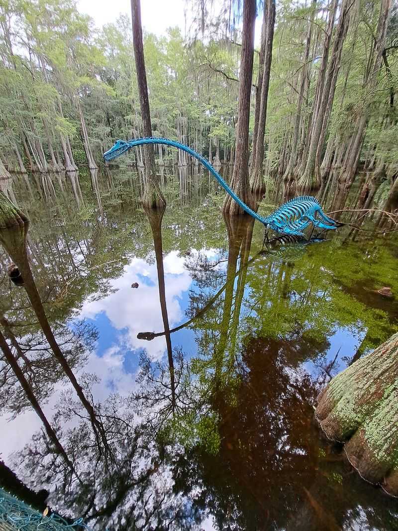 Dinosaur Sculptures Hiding Along the Boardwalk