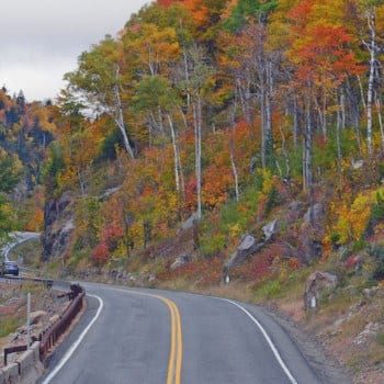 Fall New York road trip - road through mountains by river with fall colors on trees