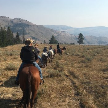 Line of riders on horseback on mountain in Montana
