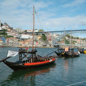 Porto from the Duoro River with boats on the river