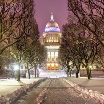 Rhode Island state house at night in the snow